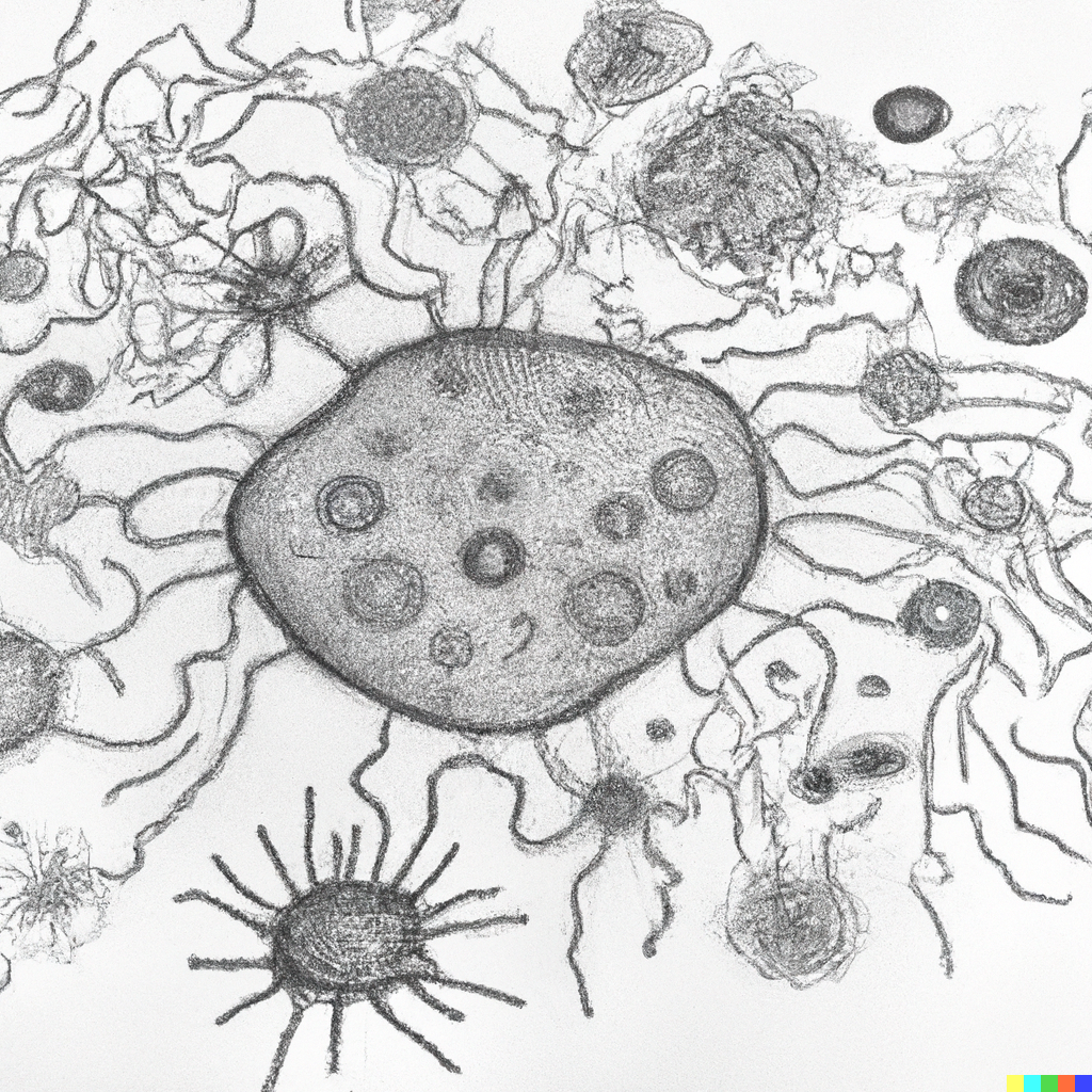 A scientific drawing of a synthetic microbial community in the style of Santiago Ramón y Cajal generated by DALL·E